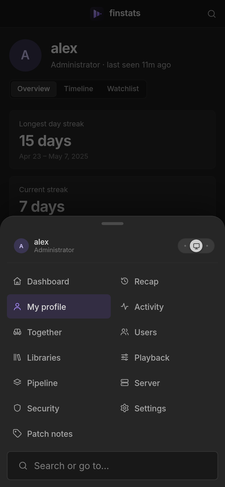 The address bar menu on a phone, open