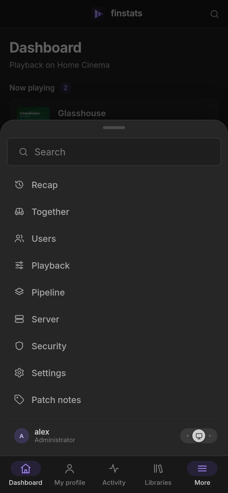The tab bar (the default) menu on a phone, open