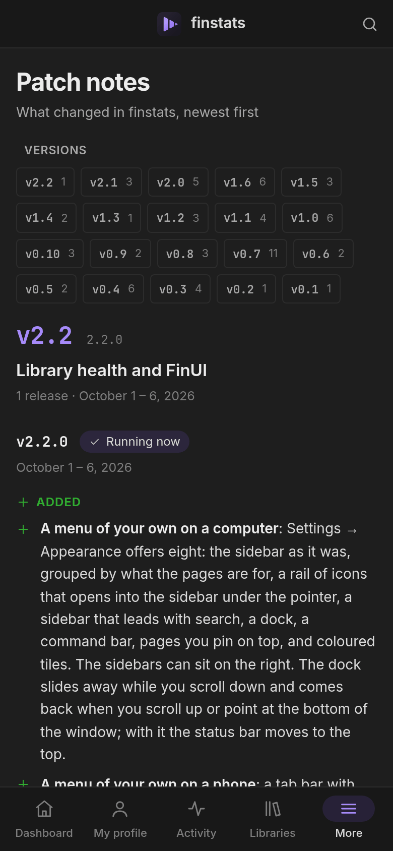 Patch notes, on a phone