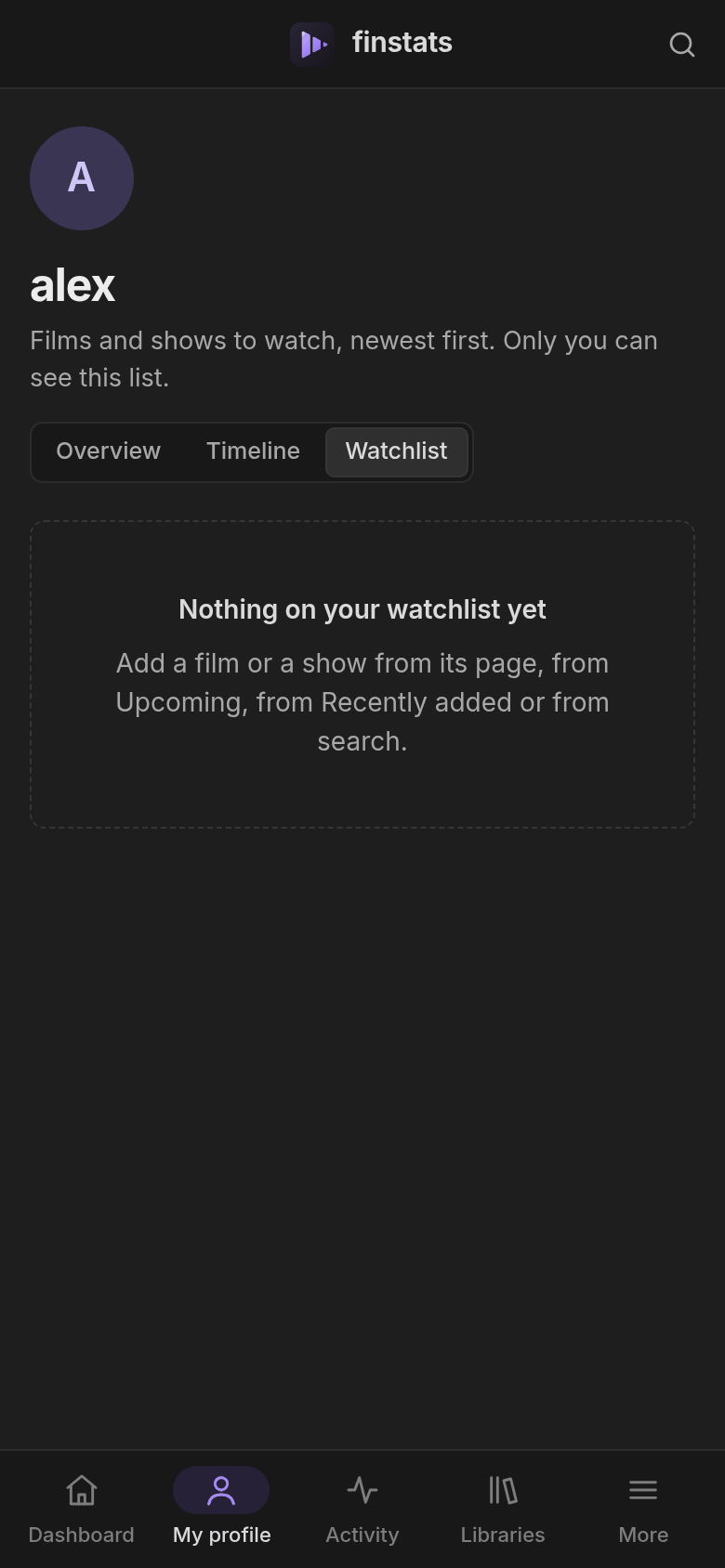 A user's watchlist, on a phone