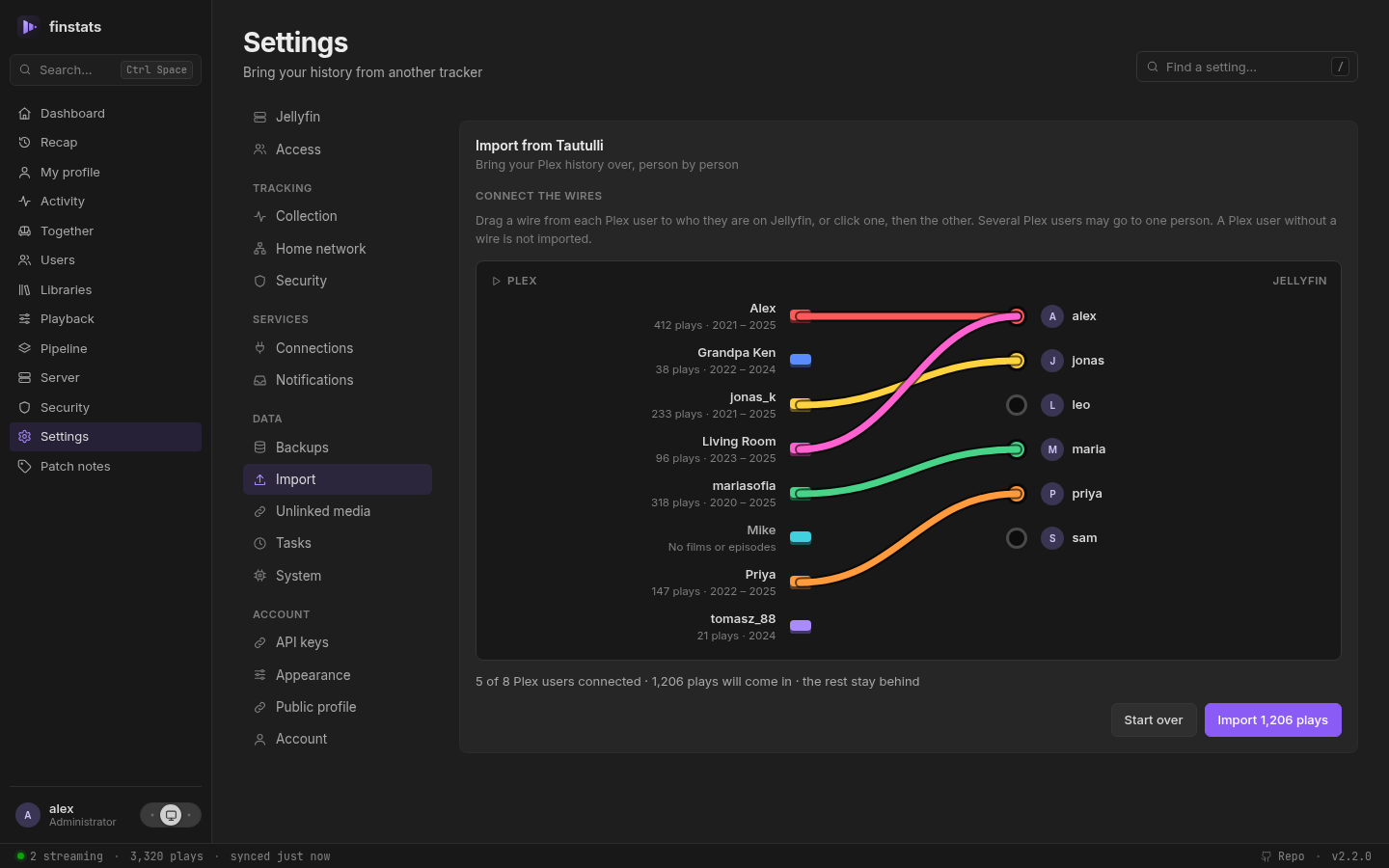 Tautulli import: a wiring board with Plex users on the left and Jellyfin users on the right, coloured wires from five Plex users to four people (two Plex accounts into one), and three Plex users left unwired, so their history stays behind